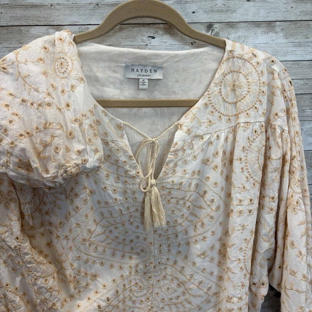 Hayden LA Womens M Blouse Cottagecore Tie Front Peasant Top White Gold Oversized